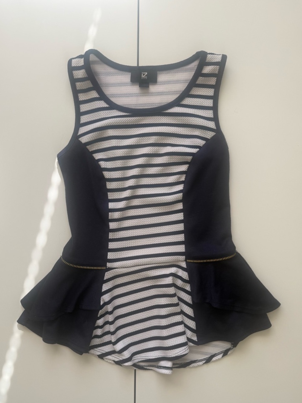 Iz Byer Navy and White Striped Top